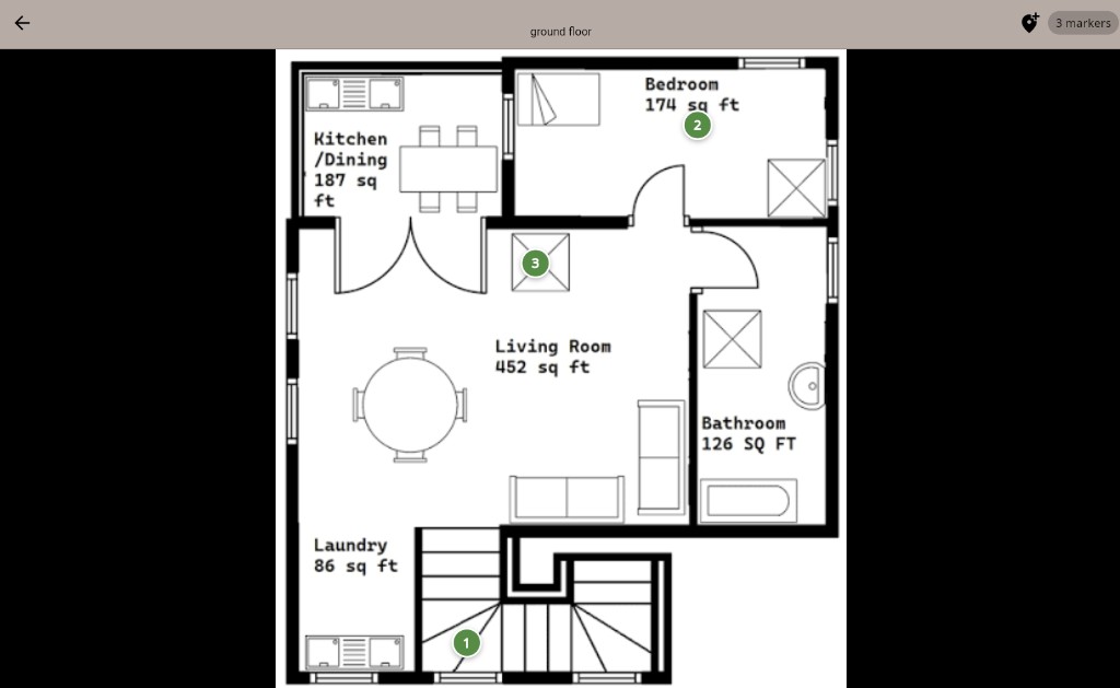 Ground floor plan with numbered asbestos sample markers placed on rooms