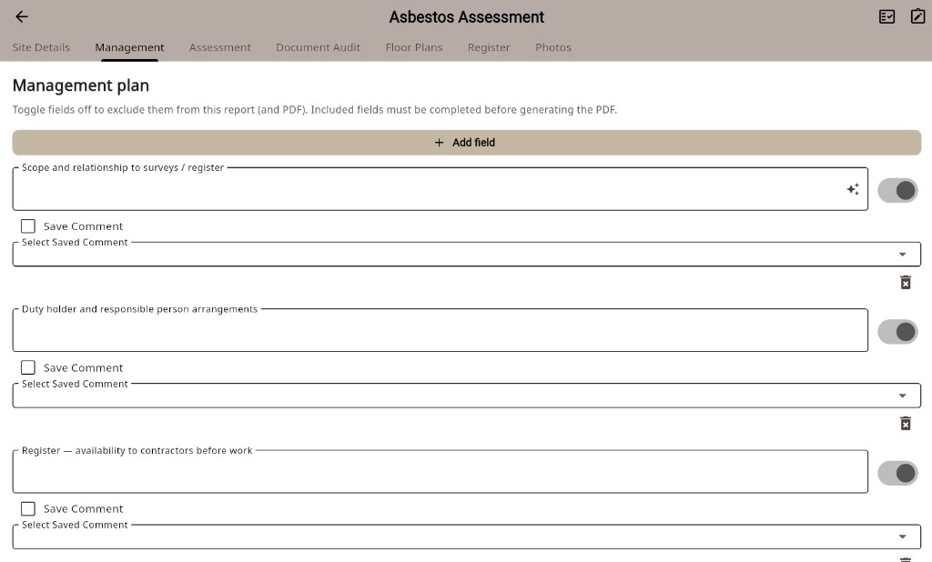 Asbestos management plan editor with scope, duty holder arrangements and register fields