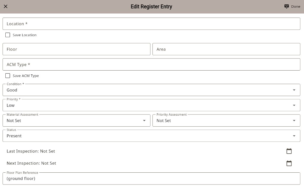 Asbestos register entry form showing location, ACM type, condition, priority and inspection dates