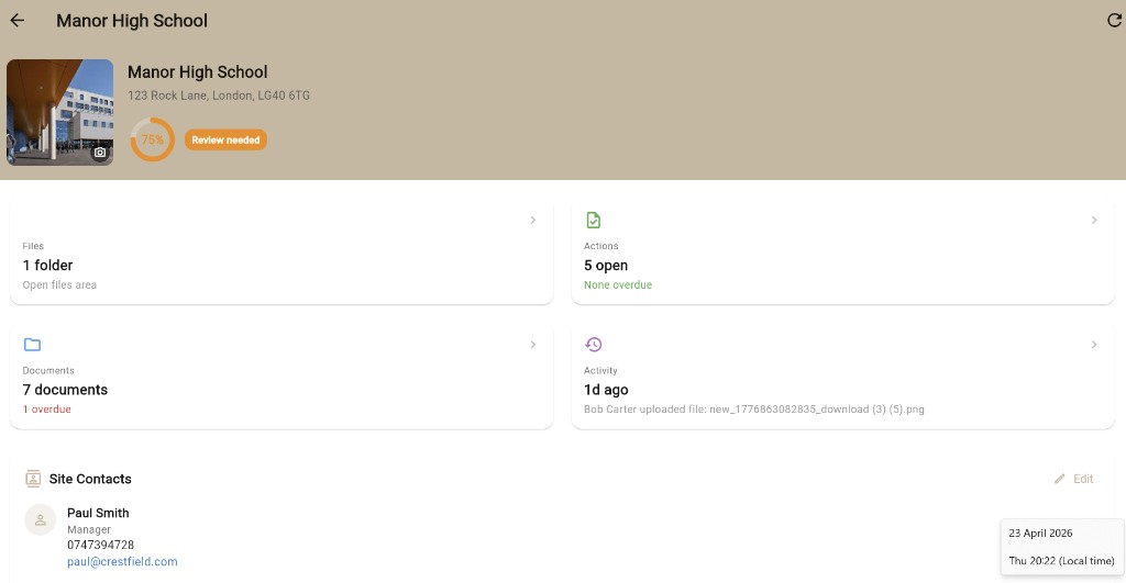 Lytom Assess client portal site hub showing compliance score, documents, actions and contacts