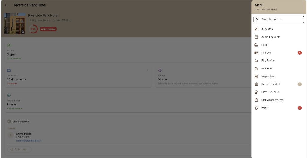 Lytom Comply site dashboard for a hotel showing Water in the site menu alongside fire, PPM and risk assessments