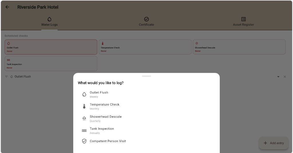 Lytom Comply Water Logs tab with scheduled checks and a dialog to choose outlet flush, temperature check, descale or tank inspection