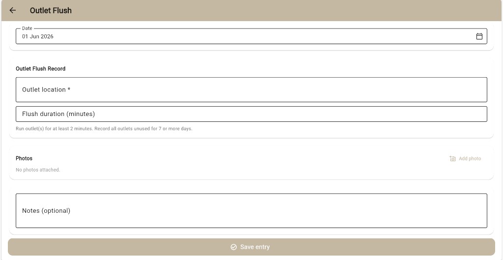Lytom Comply outlet flush log entry form with date, location, duration and photo upload