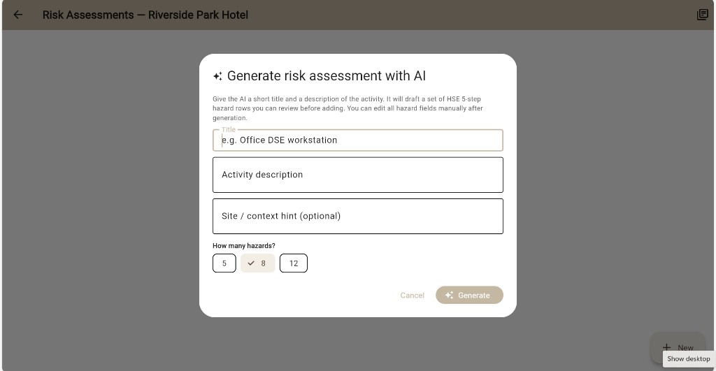 Lytom Comply dialog to generate a risk assessment with AI from a title and activity description