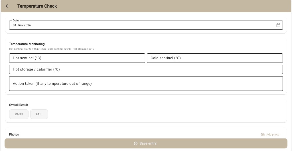Lytom Comply temperature check form with sentinel and storage fields and pass or fail result