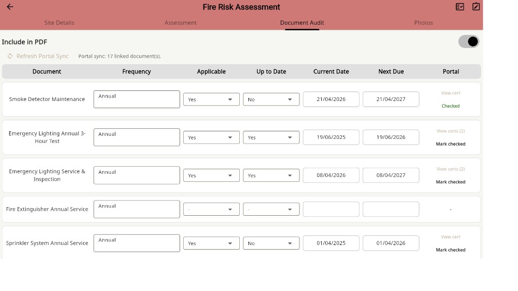 Document audit screen showing client documents synced from the portal with frequency, dates and applicability
