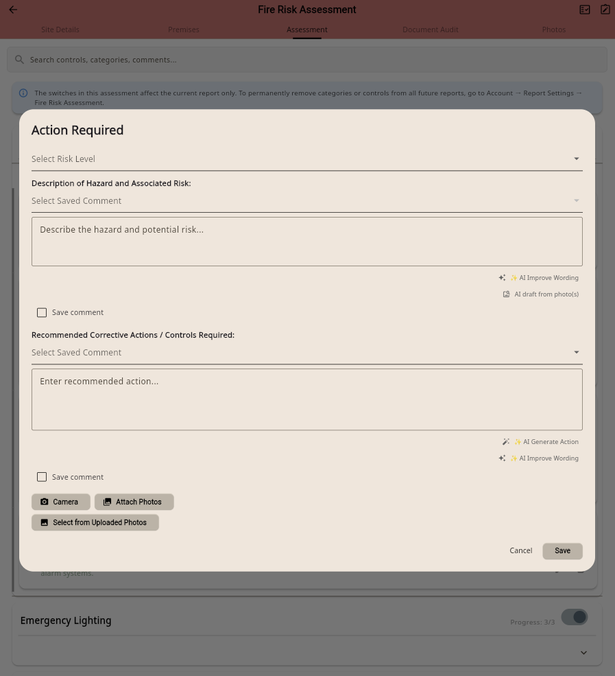 Action required dialog for fire hazard with risk level, comments and photo attachments