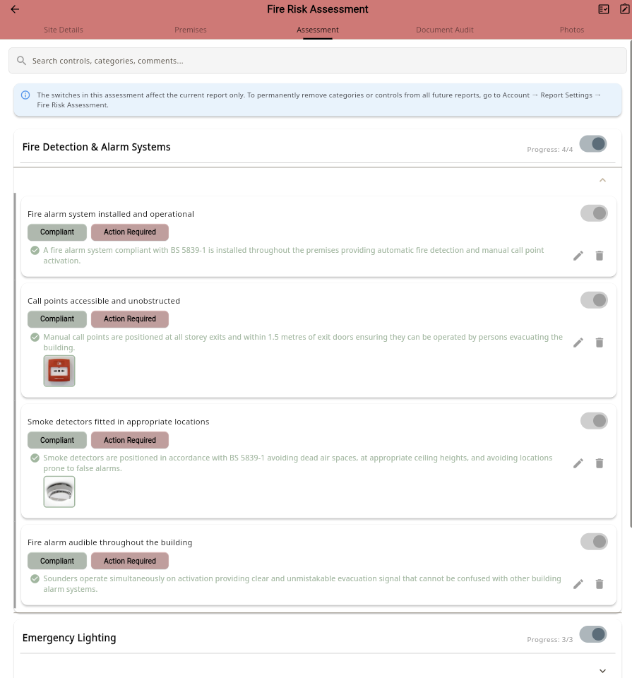 Fire risk assessment tab showing fire detection and alarm controls with compliant status and photos