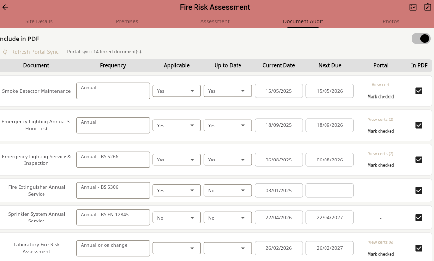Document audit tab listing fire certificates with dates, portal links and PDF include checkboxes