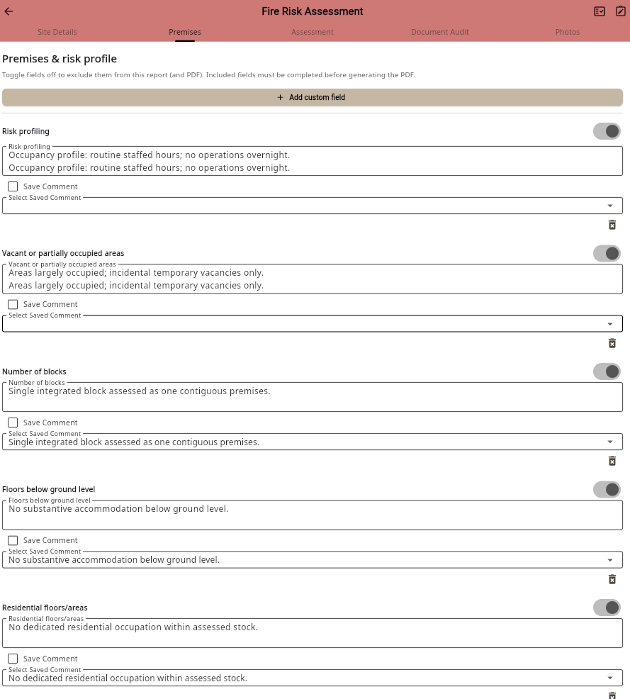 Fire risk assessment Premises tab with risk profile fields and PDF include toggles