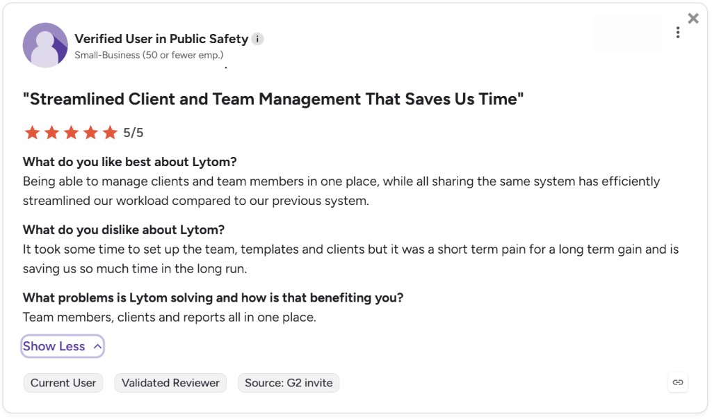 G2 verified 5-star review: streamlined client and team management in one shared system