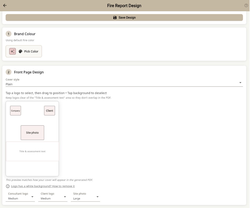 Fire report design editor: brand colour picker and front cover layout with consultant logo, client logo and site photo