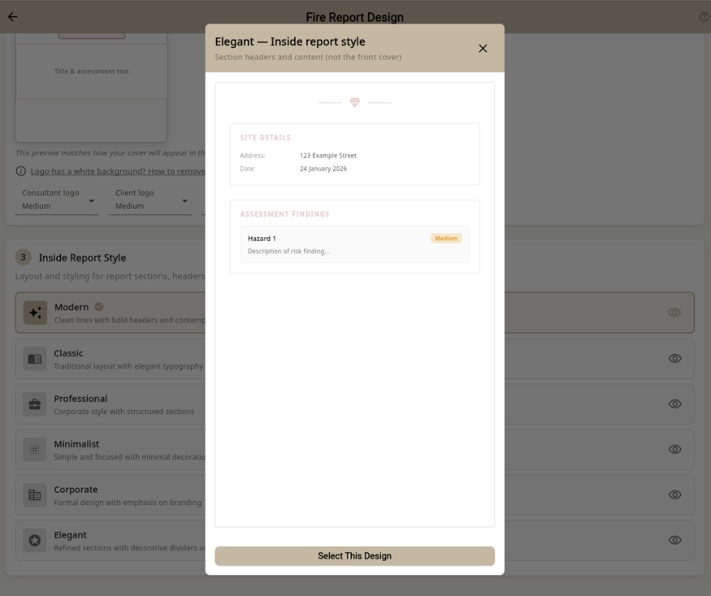 Elegant inside report style preview with site details and assessment findings sections in Lytom Assess