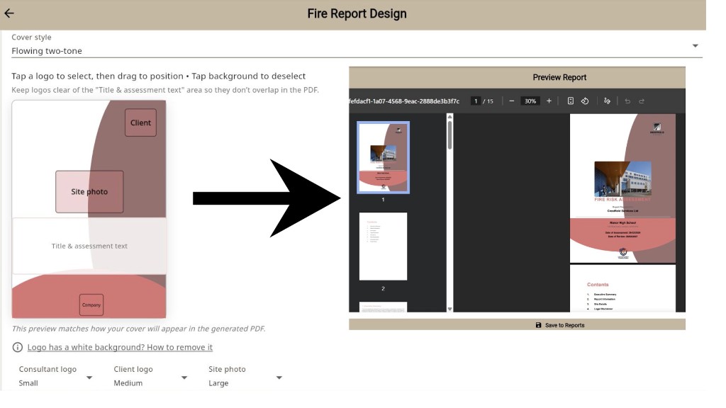 Branded fire risk assessment report cover design with live PDF preview alongside