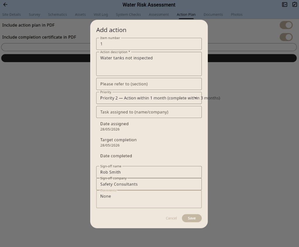 Action Plan add action form with priority, dates and sign-off fields