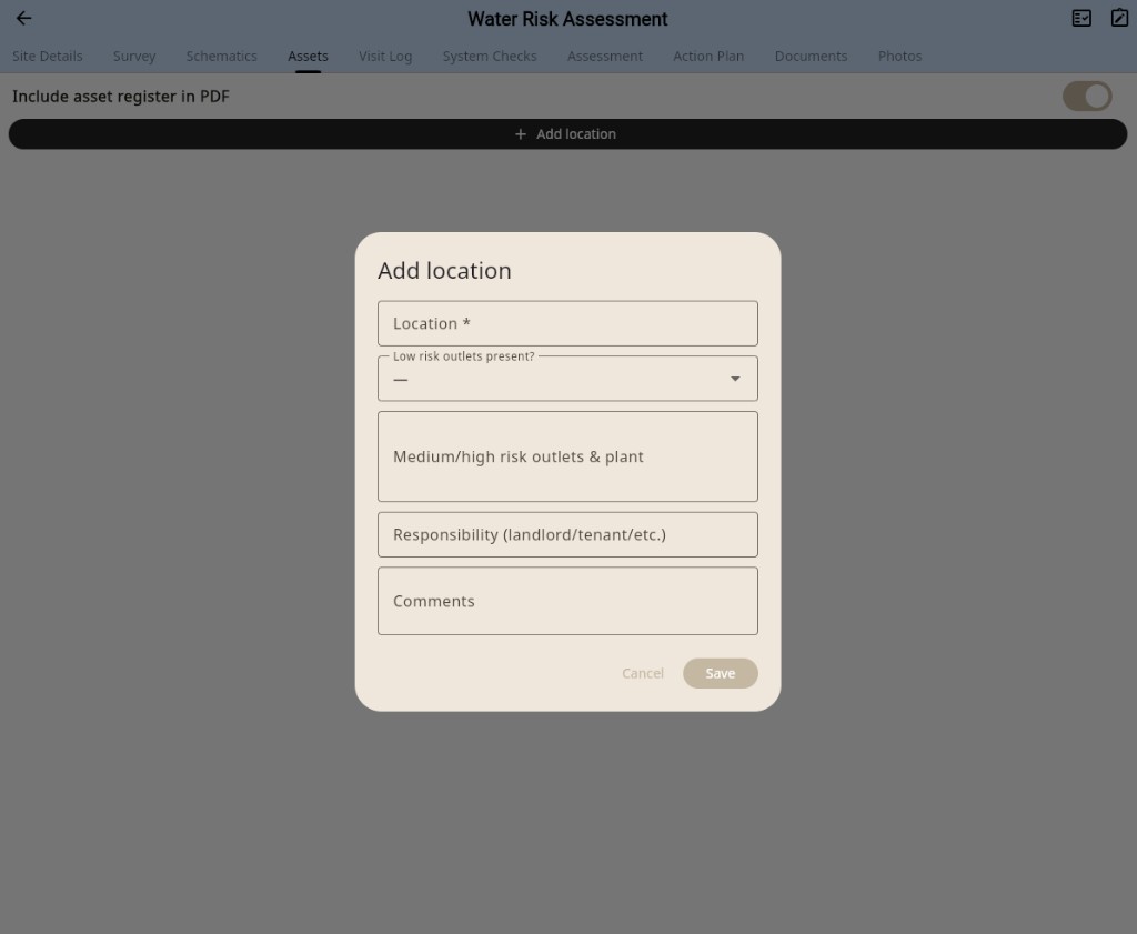 Add location dialog for asset register with outlet and responsibility fields