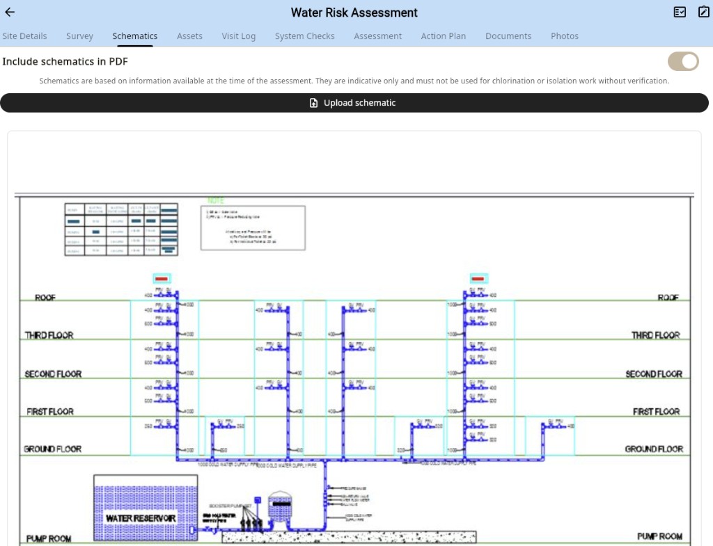 Schematics tab with uploaded building water system diagram and upload control