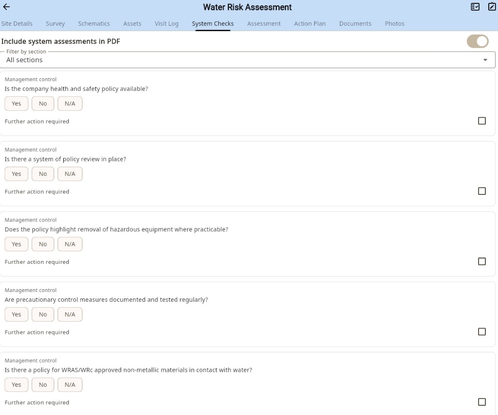 System Checks tab with management control questions and Yes No N/A responses